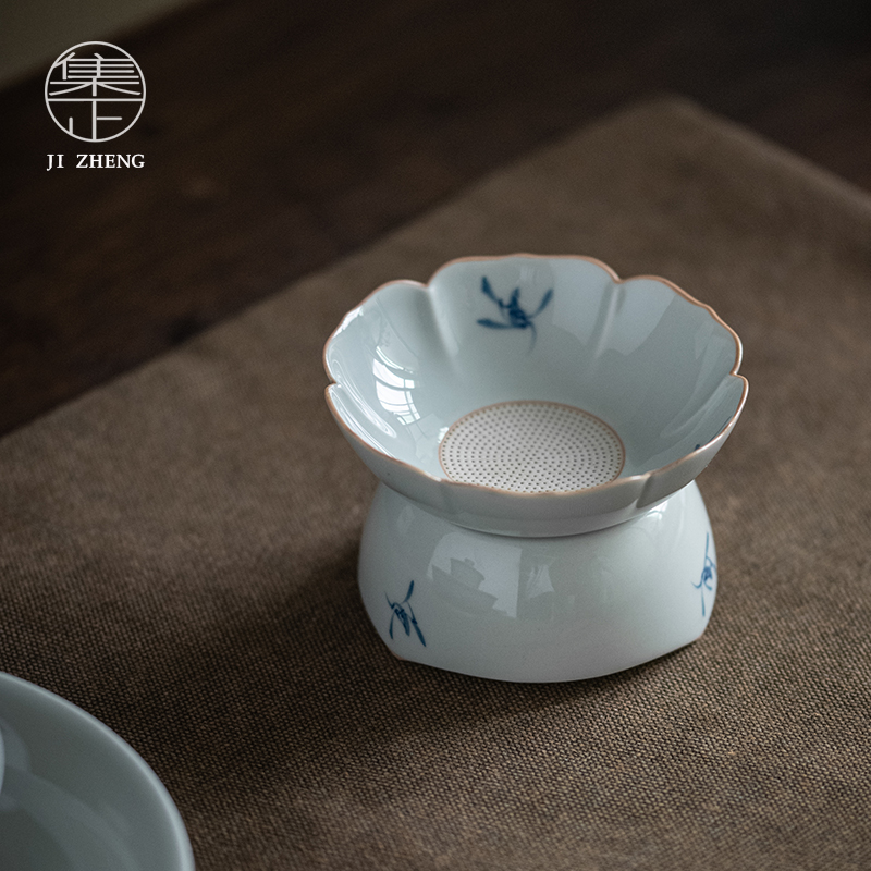 集正 手绘兰花茶滤茶漏 家用创意全瓷孔茶渣过滤功夫茶具茶道配件