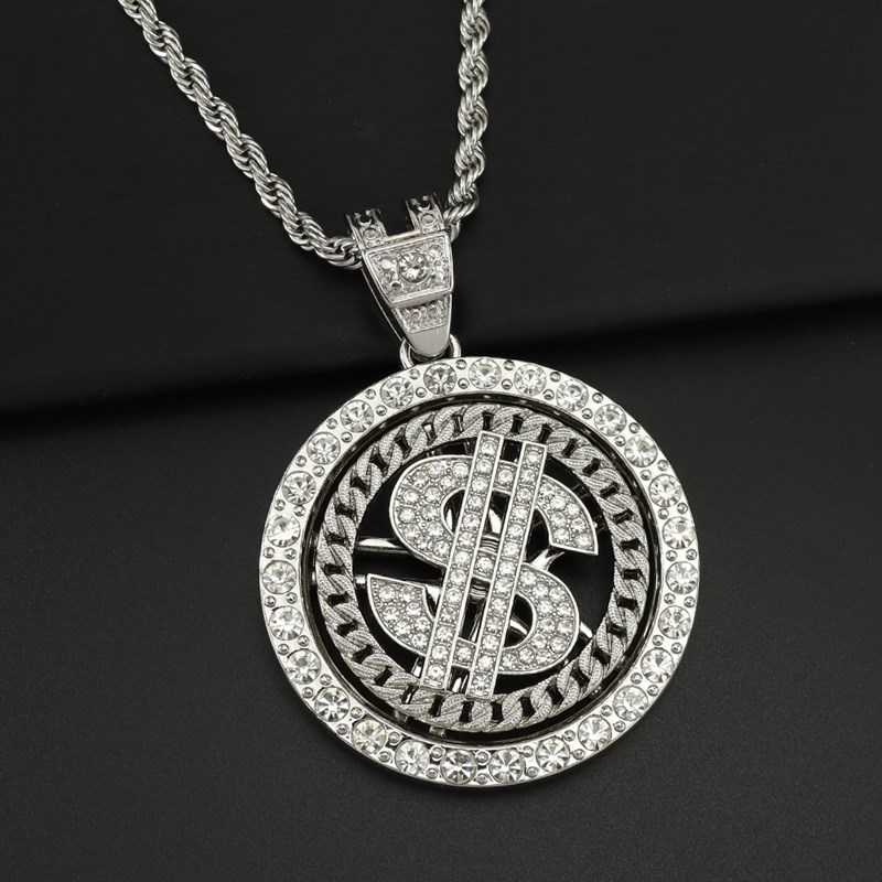 个性跨境镶钻转动美金可旋转美元吊E坠项链嘻哈潮流穿搭卫衣古巴