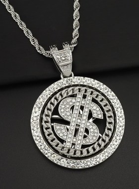 个性跨境镶钻转动美金可旋转美元吊E坠项链嘻哈潮流穿搭卫衣古巴