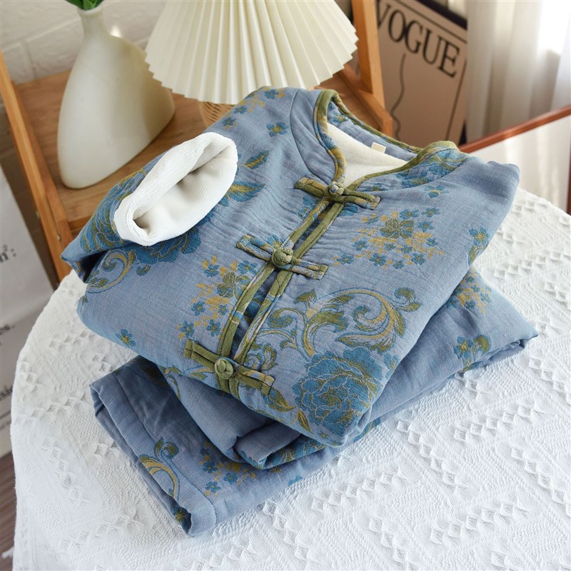 秋冬女睡衣加厚长袖长裤中国风色织棉+绒绒加层保暖 中Z老年可外