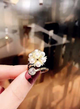 个性网红花朵珍珠戒指超仙铜微镶锆石开口指环女S时尚设计气质优