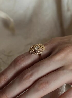 新款热卖高档镀925银镶嵌仿玫瑰B切工艺镂空复古雕花戒指宫廷风女