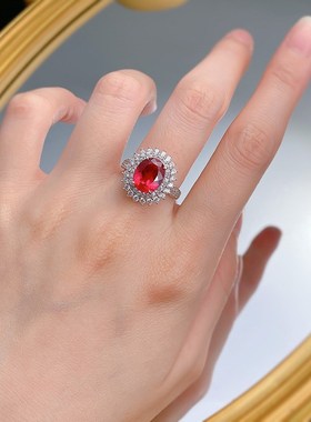 珠宝欧美跨境S9m25银鸽血红仿真钻8*10椭圆戒指环群镶花簇婚戒