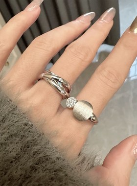 轻奢高级镶钻椭圆拉丝开t口戒指高级感小众设计时尚叠戴新款女指