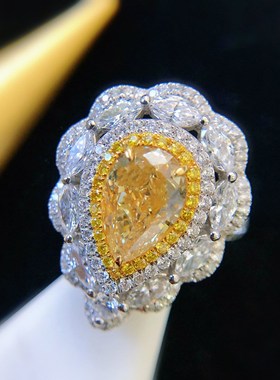 抖音直播彩宝饰品 新款奢华群镶阿斯切黄R钻水滴梨形戒指开口