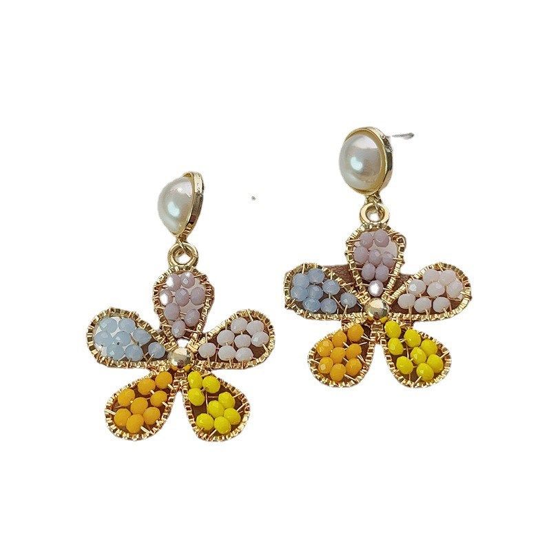 超仙高级感花朵耳环女S925银针水晶珠I大花花耳坠甜美夸张气质耳