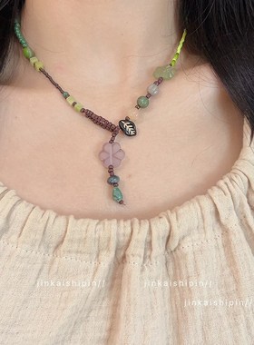 森系手工串珠g树叶花朵项链女新中式小众复古民族风气质锁骨链颈