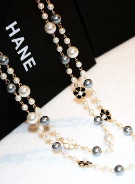 新款时尚韩版欧美经典潮r流仿珍珠花朵气质毛衣链女长款项链女现