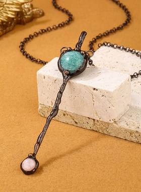 一条复古风天g然天河石圆饼组合粉晶圆饼宝剑吊坠项链女士派对礼