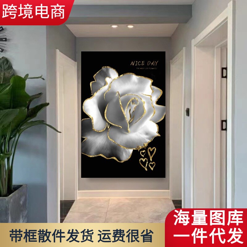 现代简约黑金植物花卉装饰画w客厅卧室酒店背景墙装饰无框画2334图片