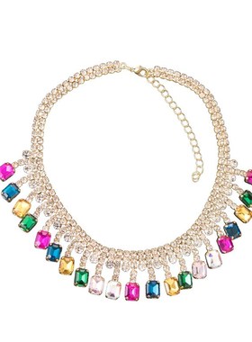项链时尚女奢华彩色水钻锁骨链A欧美气质颈链多巴胺玻璃方块网红