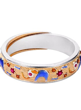 吉象戒指女大象珐琅描金设计高级感E复古开口可调节新中式国风戒