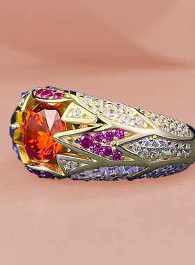 珠b宝 直播款S925银6.5mm圆形芬达橙戒指一克拉豪华百搭女款