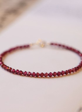 水晶手链极细3kmm天然酒红石榴石手链女14K金细款手饰现货