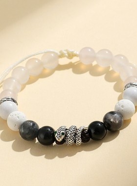 本命年蛇年串珠玛瑙情侣手链女原创设计白松石黑R闪石手串首饰