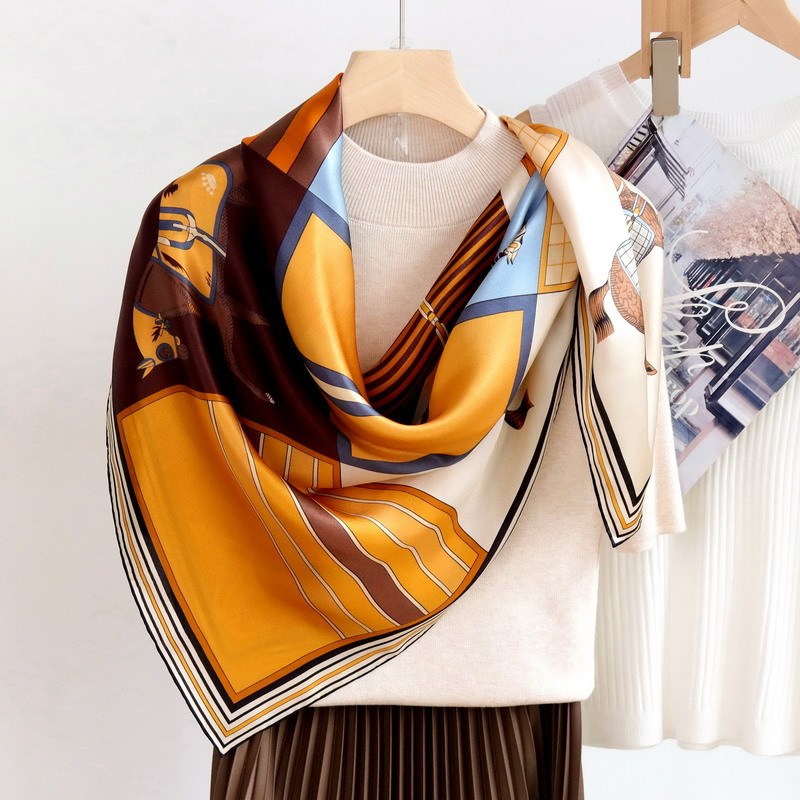 欧美风骏马格子i高端轻奢真丝丝巾女春秋110大方巾桑蚕丝围巾披肩