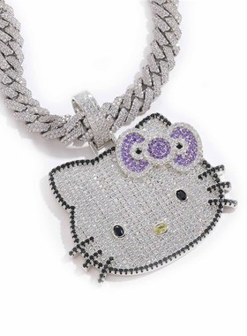新款猫咪吊坠小动l物可爱男女粉锆石实心个性嘻哈项链一件代发