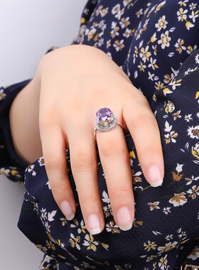跨境饰l品 时尚简约女式s925银镶嵌紫晶开口戒指新品