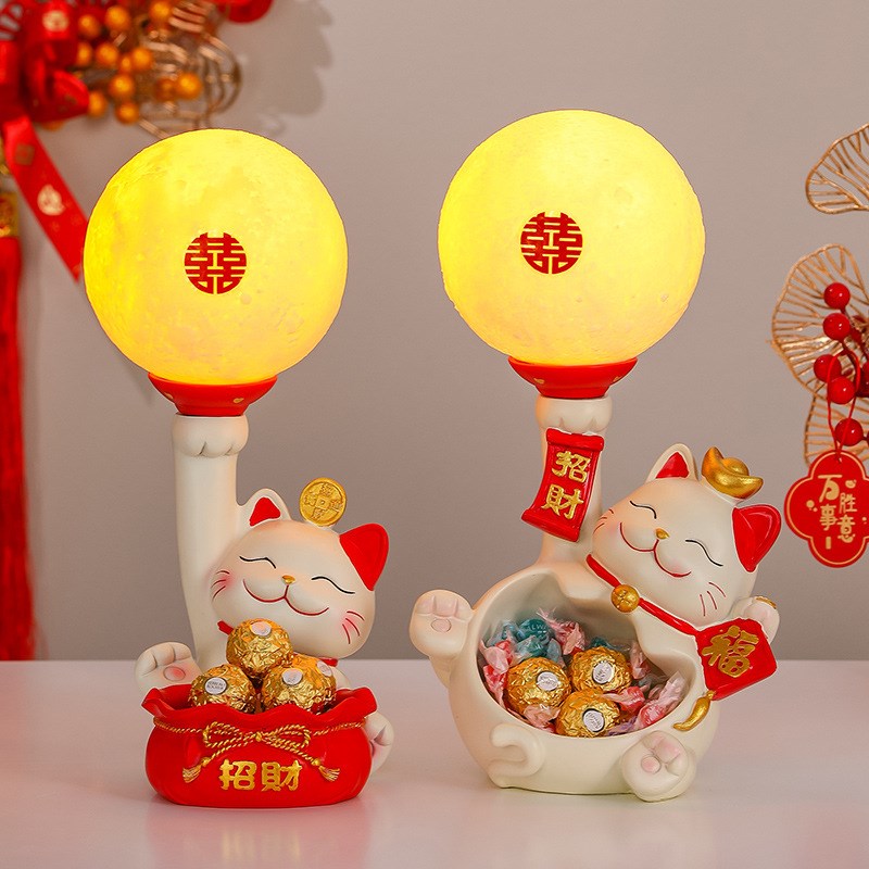 招财猫喜庆新婚结婚长明灯桌面摆件床H头小夜灯婚礼装饰品客厅收
