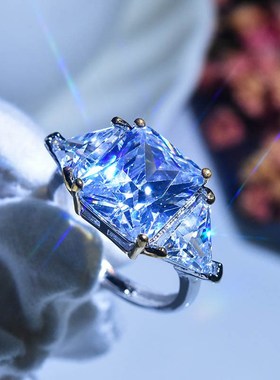 直播货源超闪公主l方形戒指 粉色锆石八心八箭仿真莫桑钻开口女戒