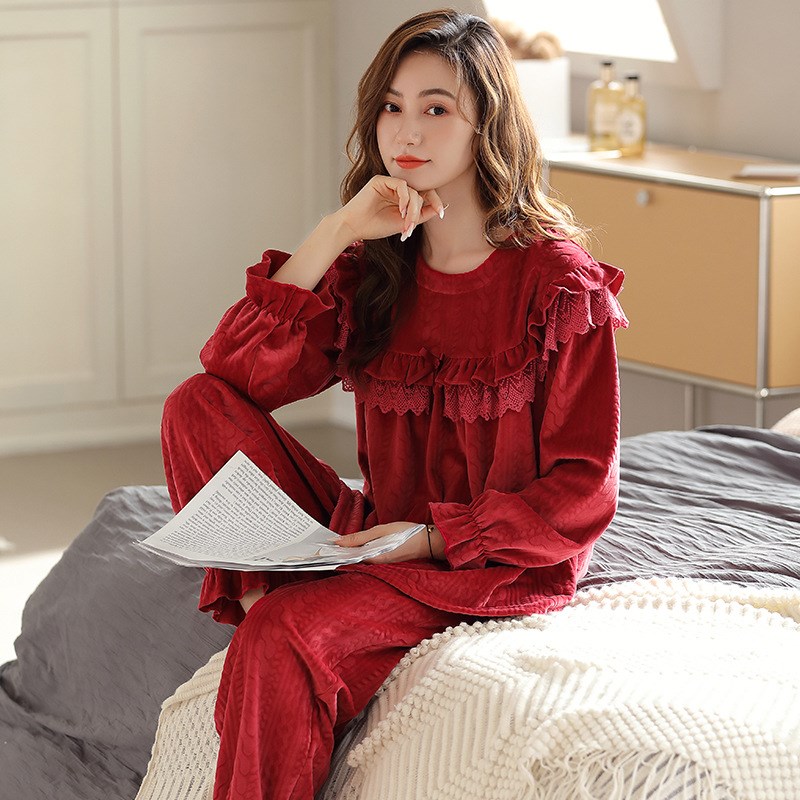 2024新c款睡衣女海岛绒秋冬季长袖套头秋冬款珊瑚绒薄款保暖家居