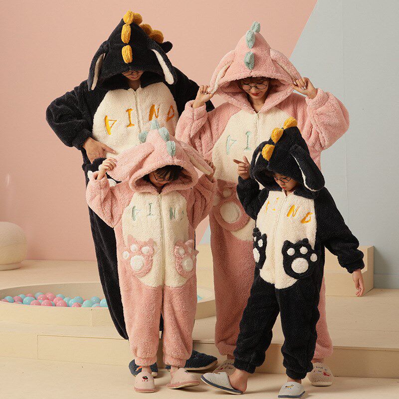 亲子珊瑚绒睡衣可爱卡通连体睡衣B秋冬新款保暖加厚连帽家居服跨
