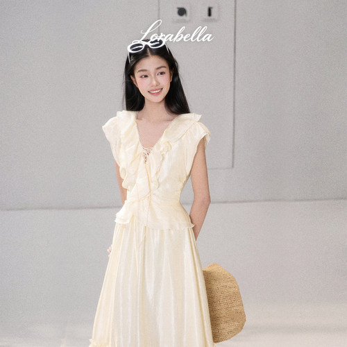 Lora bella/“春与橙花味”天丝闪光缎棉收腰度假V领连衣长裙