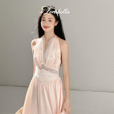 Lora bella/“第七丛蔷薇”醋酸缎挂脖蕾丝度假长款春季连衣裙