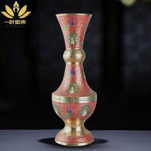 印度手工彩绘供佛花瓶净水瓶铜孔雀花瓶复古插花花瓶佛具用品摆件