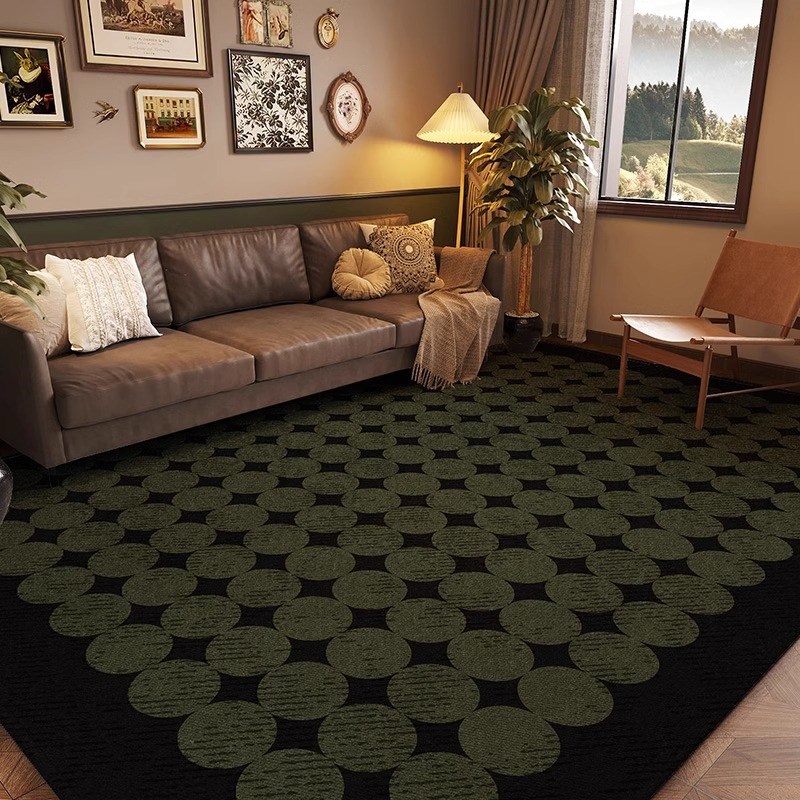 中古风客厅地毯高级感轻奢卧室床边毯法式复P古绿色沙发茶几地毯