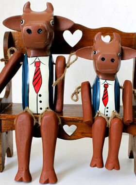 北欧乡村田园原木雕刻父子牛摆件 家居装饰手工艺礼品