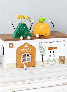 阿楹 日式轻奢高档电脑书桌电视柜摆件遮挡插座收纳盒办公室装饰