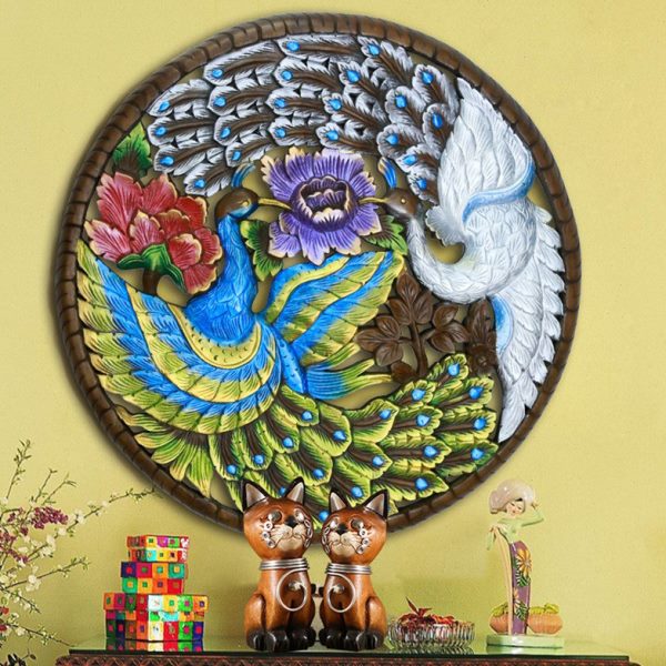 东南亚孔雀挂画挂板雕花板彩色装饰实木创意柚木 壁饰电视背景墙图片