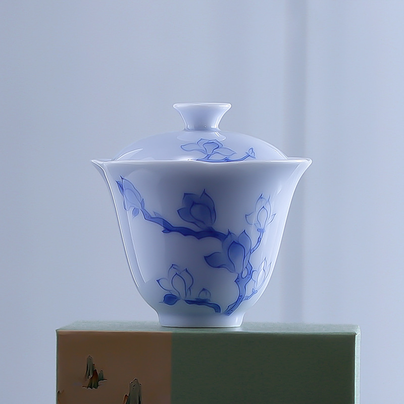 阅锐 手绘玉兰花二才盖碗 文创泡茶器 花瓣边敬茶碗 女式小号碗杯