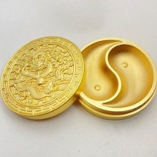 铜墨盒墨匣文房用品螺纹大号带盖墨盒精雕太极图案书法毛笔墨池盘