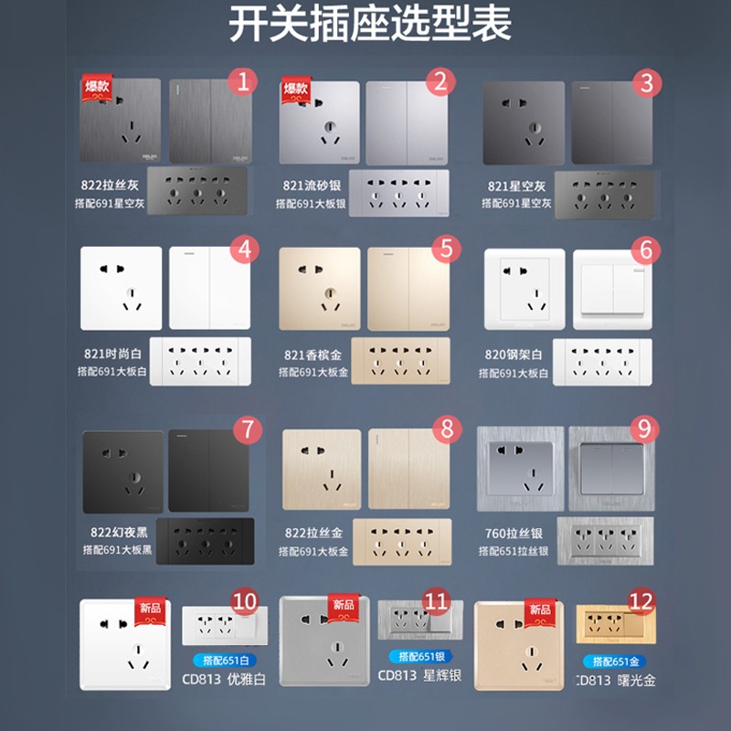 德力西开关插座灰色面板多孔w家用五孔墙式插板暗装二三插全屋套