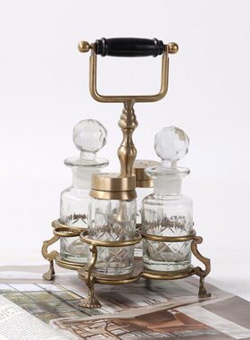 印度进口黄铜玻璃调料罐套装北欧美式样板间高档厨房装饰家居摆件