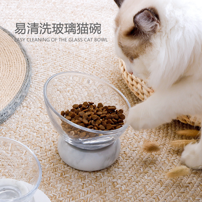 玻璃猫碗高脚碗防翻斜口猫食盆狗碗猫咪喝水碗保护颈椎猫咪用品