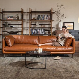 法式复古油蜡皮窄版沙发客厅双三人小户型中古办公室棕色直排沙发