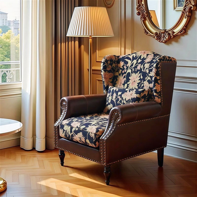 法式复古风繁花老虎椅布艺休闲椅美式中古客厅家用高背单人沙发椅