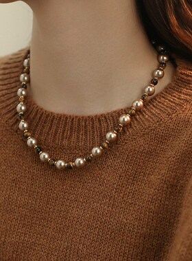 美拉德高级感虎眼石珍珠项链长款毛D衣链小众女秋冬串珠金属扣颈