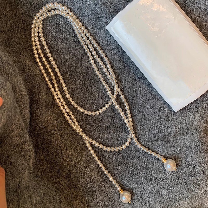 加长款玻璃珍珠项链多种叠戴法秋冬长款复古毛衣链U女轻奢串珠饰
