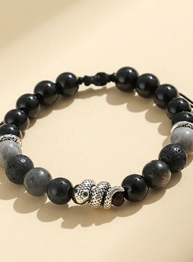 本命年蛇年d串珠玛瑙情侣手链女原创设计白松石黑闪石手串首饰