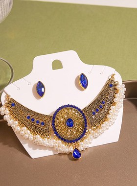 复古金属欧美项链耳环套装 新款波西米J亚民族风圆形镶钻珍珠耳钉