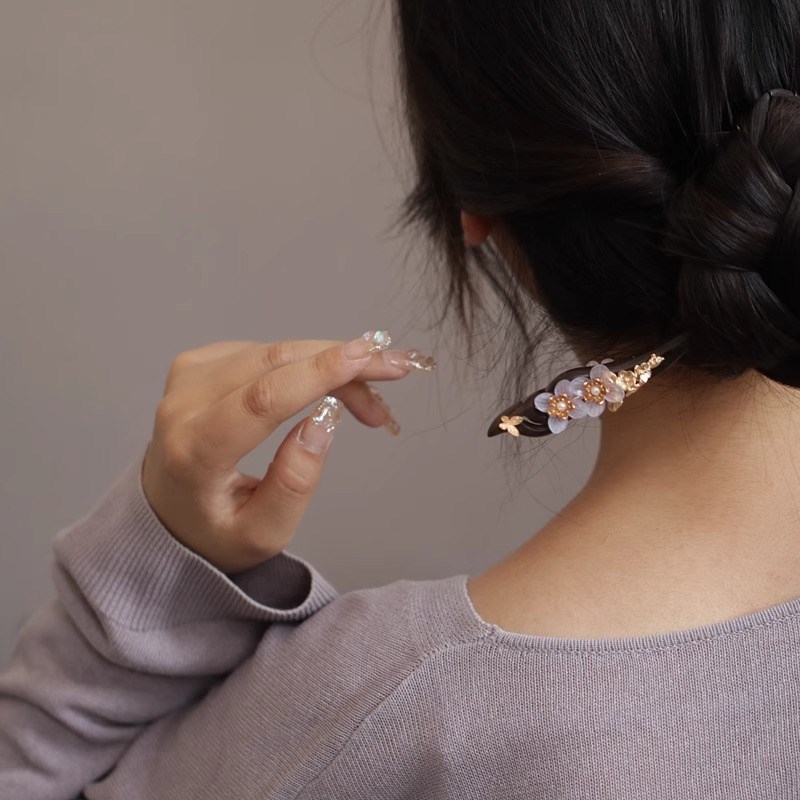 简约木簪黑檀木旗袍头饰中国风古典E紫盘发钗子气质高级感簪子