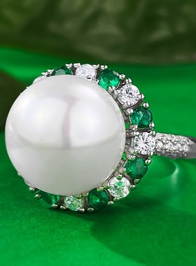 珠宝 2023新款925银欧美款贝珠戒指镶嵌绿锆时X尚百搭简约款