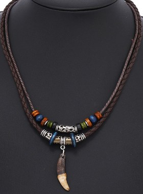 新款复古民族风服装配饰个w性狗牙吊坠男士皮革项链多层长款项饰