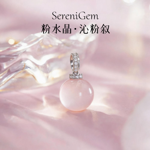SereniGem谧彩境 天然粉水晶正圆朴素铜镶嵌沁粉叙水晶吊坠