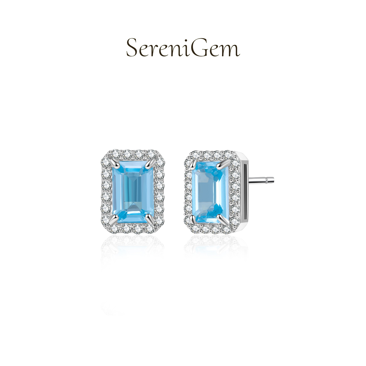 SereniGem谧彩境 天然蓝色托帕石方形围镶S925耳钉