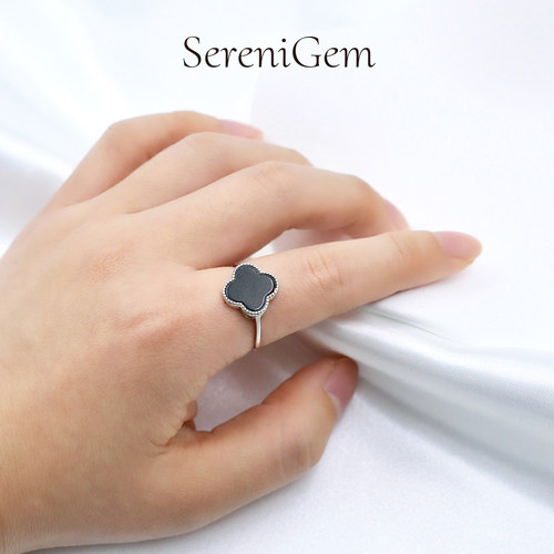 SereniGem谧彩境 天然A货缅甸翡翠墨翠四叶草戒指